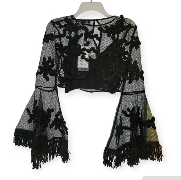 Anthropologie Endless Rose Black Lace Floral Embroidered Fringe Sleeves Crop Top - Picture 2 of 15